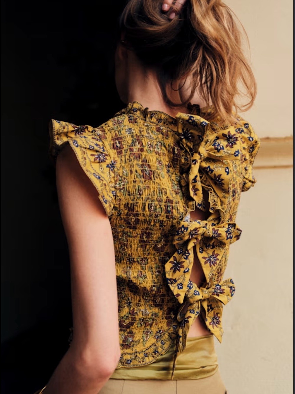 Sezane Yellow Floral Smocked Bow-Back Blouse
